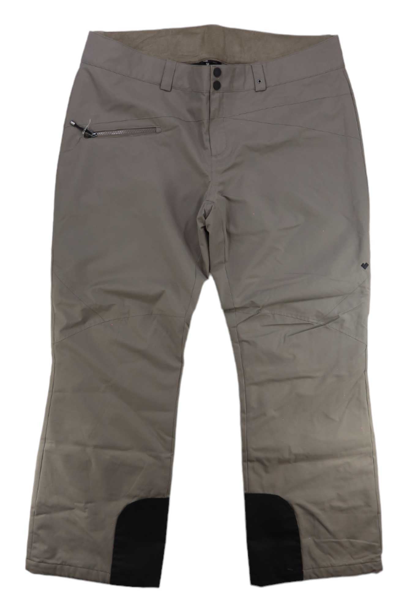 The Obermeyer Womens Malta Pant is a light brown, insulated ski pant for women featuring a straight leg fit, right hip zippered pocket, two front buttons, and reinforced black inner ankle fabric. Shown laid flat on a white background.