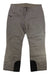 The Obermeyer Womens Malta Pant is a light brown, insulated ski pant for women featuring a straight leg fit, right hip zippered pocket, two front buttons, and reinforced black inner ankle fabric. Shown laid flat on a white background.