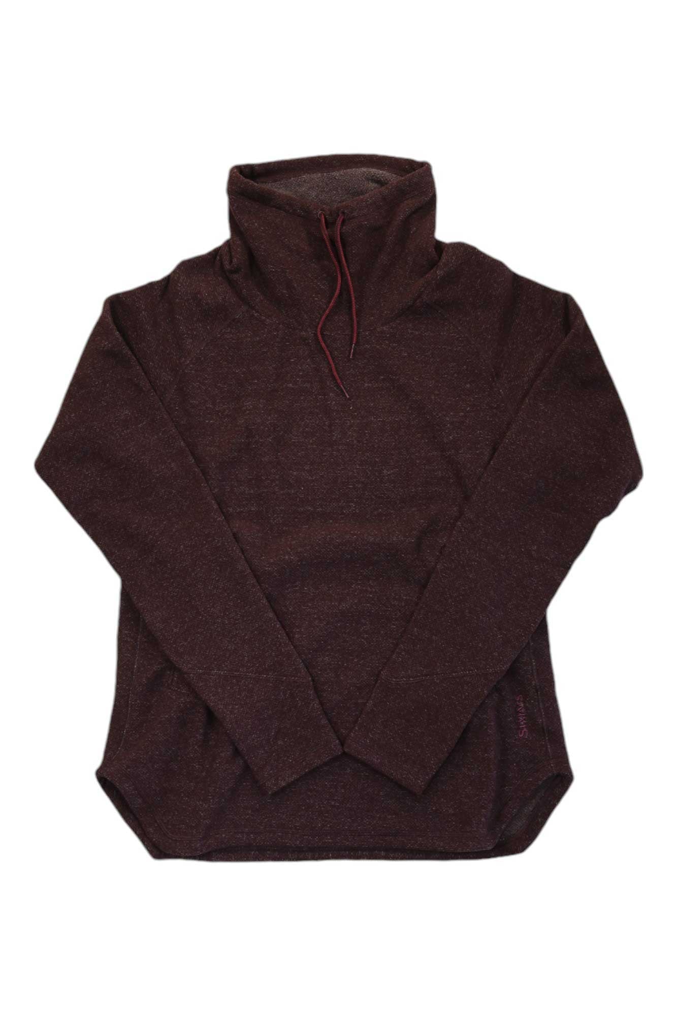 The Simms Womens Rivershed Sweater is a long-sleeve, dark maroon pullover hoodie for women featuring a high collar, drawstring, moisture-wicking fabric, and rounded hem, shown laid flat on a white background.
