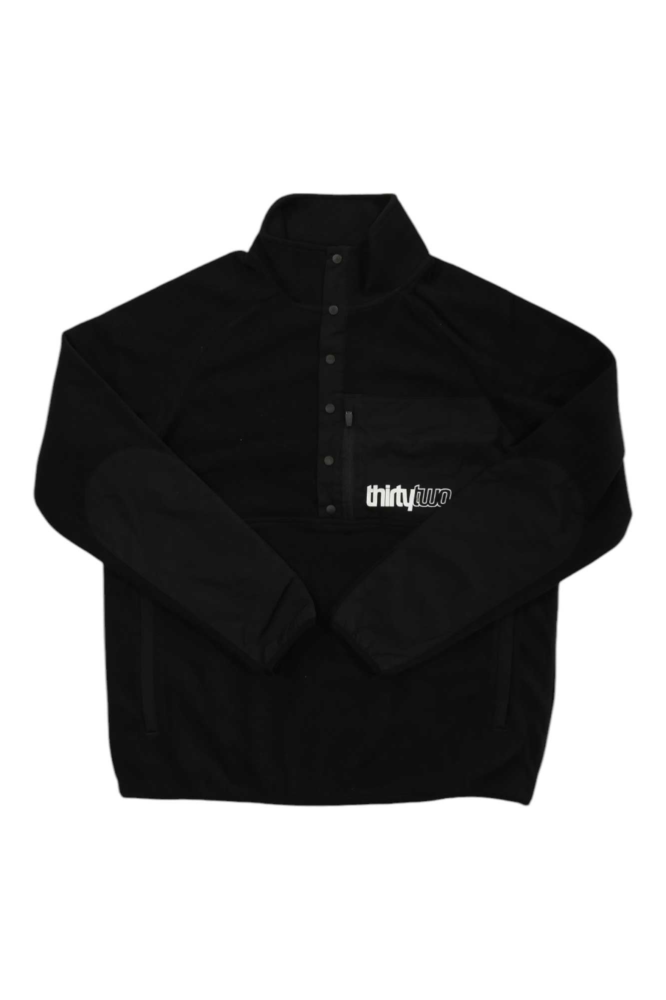 The ThirtyTwo Mens Rest Stop Anorak is a black fleece polyester pullover jacket with a high collar, snap chest buttons, white thirtytwo logo, long sleeves, and relaxed fit—perfect for snowsports.
