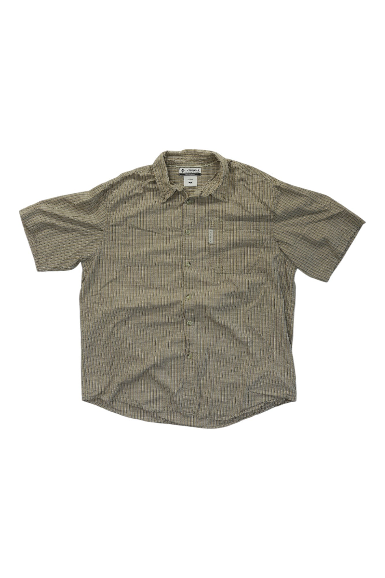 The Columbia Men's Short Sleeve Button Up Shirt features a green and brown plaid pattern, a collar, and a chest pocket. Designed for outdoor performance, it’s shown laid flat on a white background for versatile style.