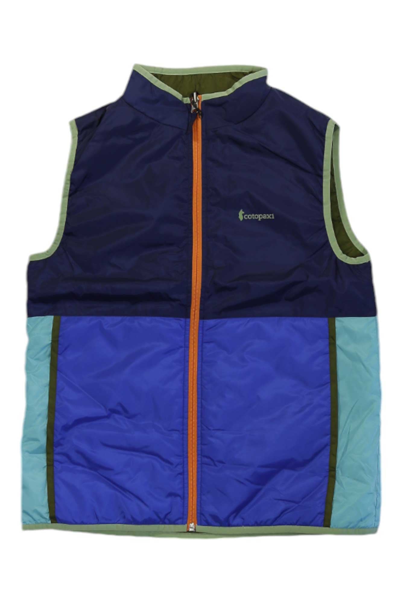 The Cotopaxi Kids Teca Calido Vest is a sleeveless, color-block vest with a navy top, royal blue bottom, light blue sides, olive trim, and an orange zipper. It features a high collar, logo on the left chest, and recycled insulation.