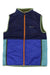 The Cotopaxi Kids Teca Calido Vest is a sleeveless, color-block vest with a navy top, royal blue bottom, light blue sides, olive trim, and an orange zipper. It features a high collar, logo on the left chest, and recycled insulation.