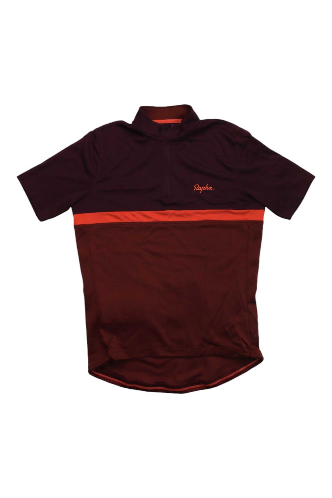 The Rapha Men's Clubhouse Jersey is a dark burgundy short-sleeve cycling top featuring a red chest stripe, small red left-side logo, short collar zipper, and a dropped rear hem.