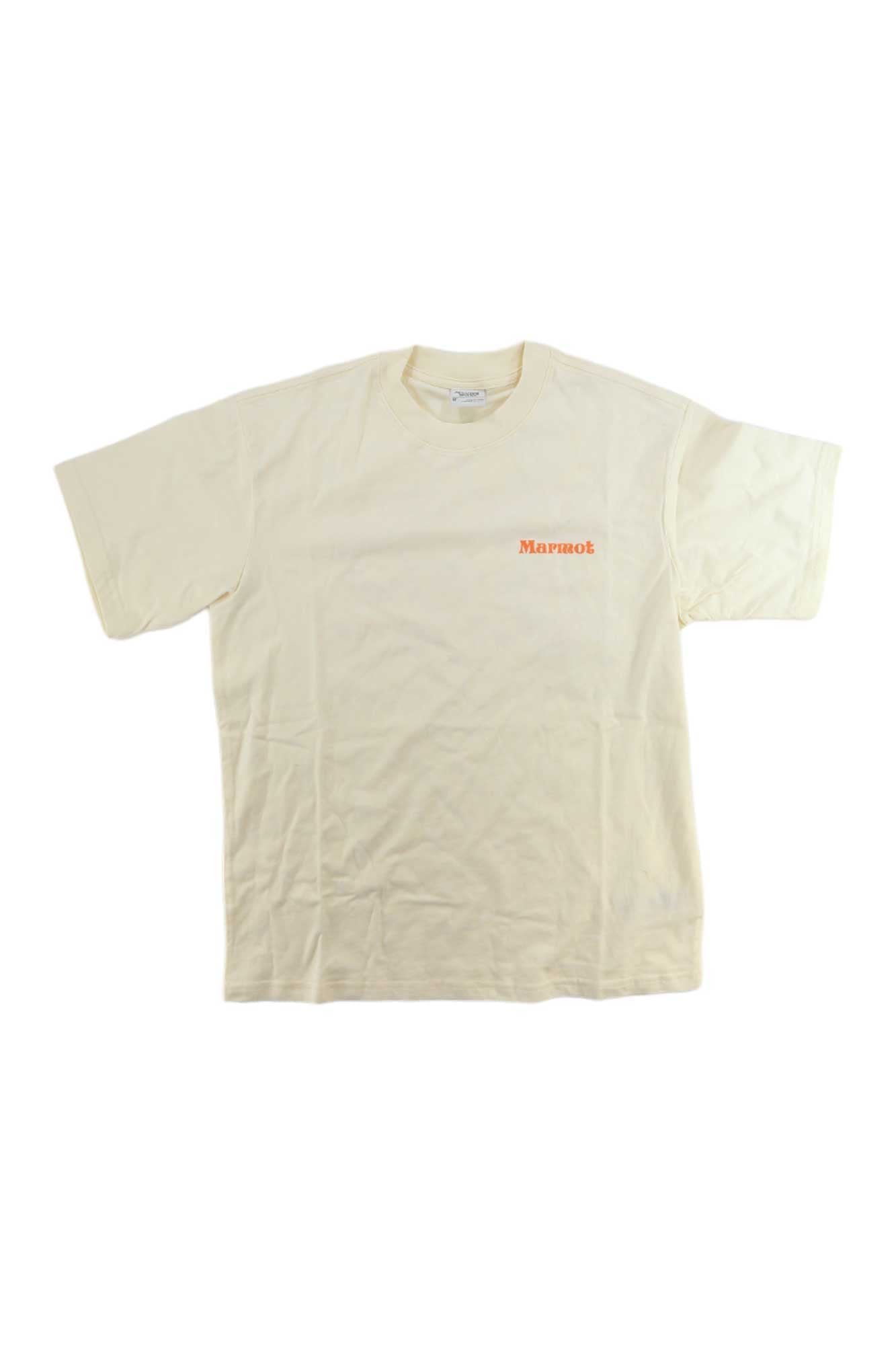 The Marmot Mental Health Heavyweight Short-Sleeve T-Shirt is an off-white unisex cotton tee featuring small orange "Marmot" text on the left chest, shown on a white background—ideal for comfortable, casual wear.
