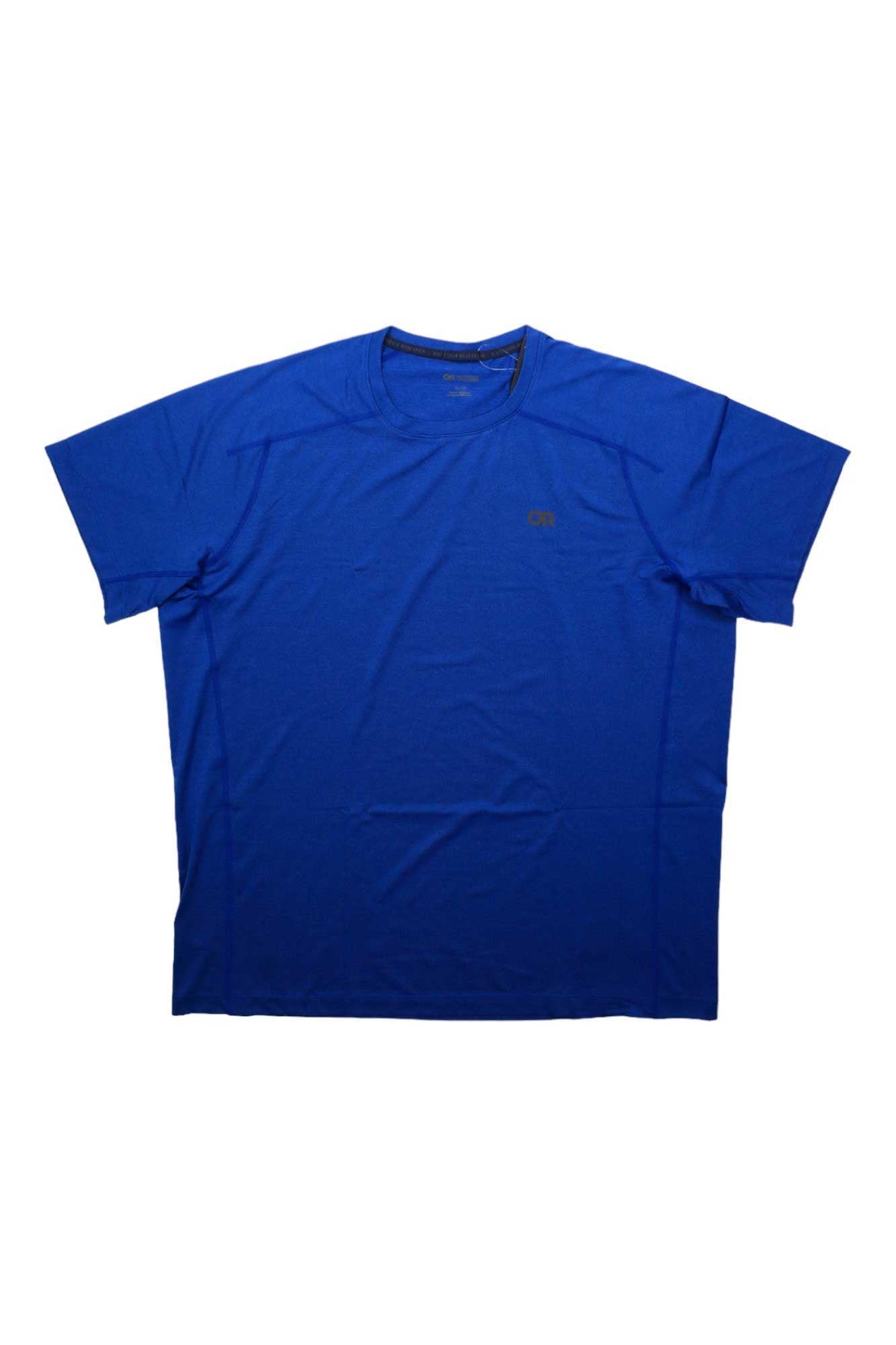 The Outdoor Research Men's Argon SS Tee, shown in plain royal blue and laid flat on a white background, features breathable fabric—making it perfect as your next go-to hiking shirt.