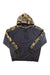 Camo top hoodie with navy body, pullover front, and adjustable hood drawstring