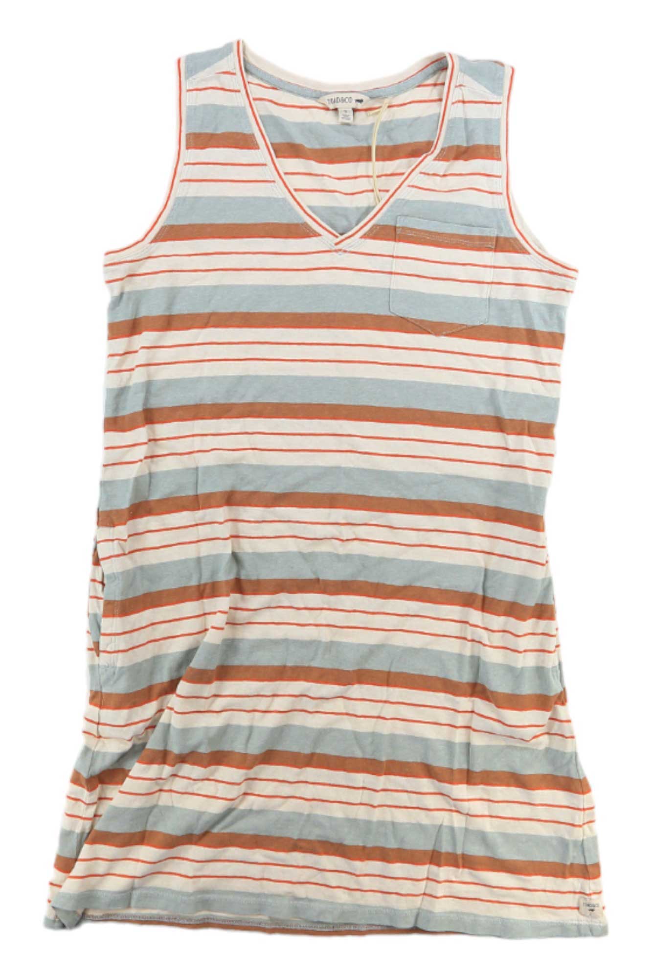 The Toad & Co Womens Grom Tank Dress is a sleeveless V-neck dress made from organic cotton with horizontal stripes in white, light blue, gray, and rusty orange. It has a chest pocket and is soft and casual—ideal for comfortable travel.