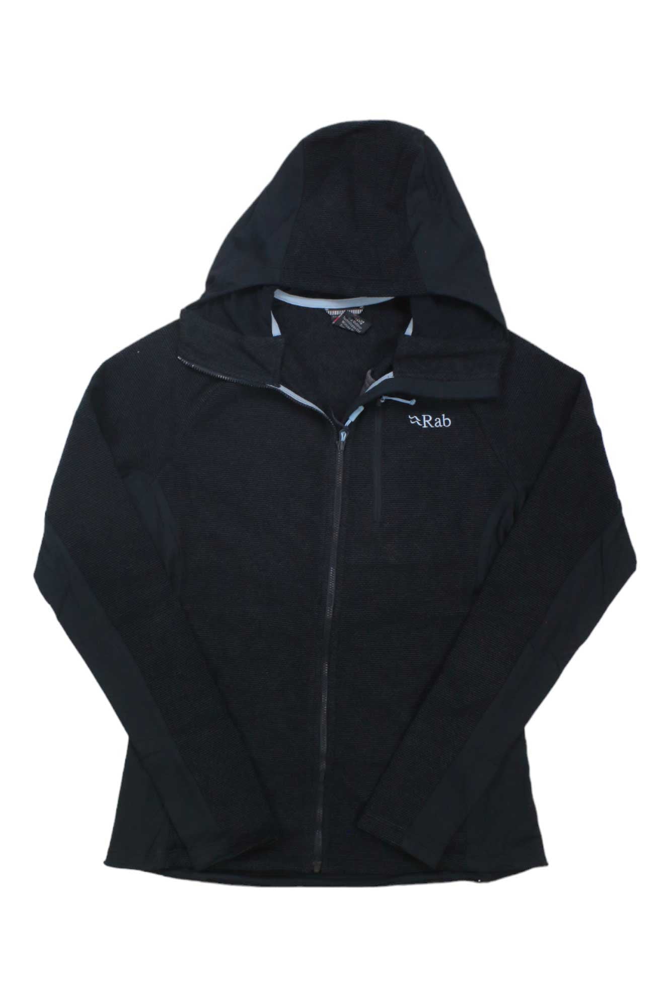 The Rab Womens Capacitor Hoody is a black jacket made from recycled polyester, featuring a front zipper, hood, and a small Rab logo on the left chest. The product is shown on a white background.