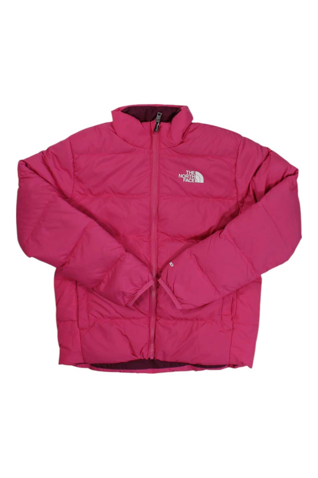 The North Face Kids Reversible North Down Jacket is a bright pink outdoor coat with a front zipper, high collar, long sleeves, and logo on the left chest—perfect for keeping kids warm and stylish.