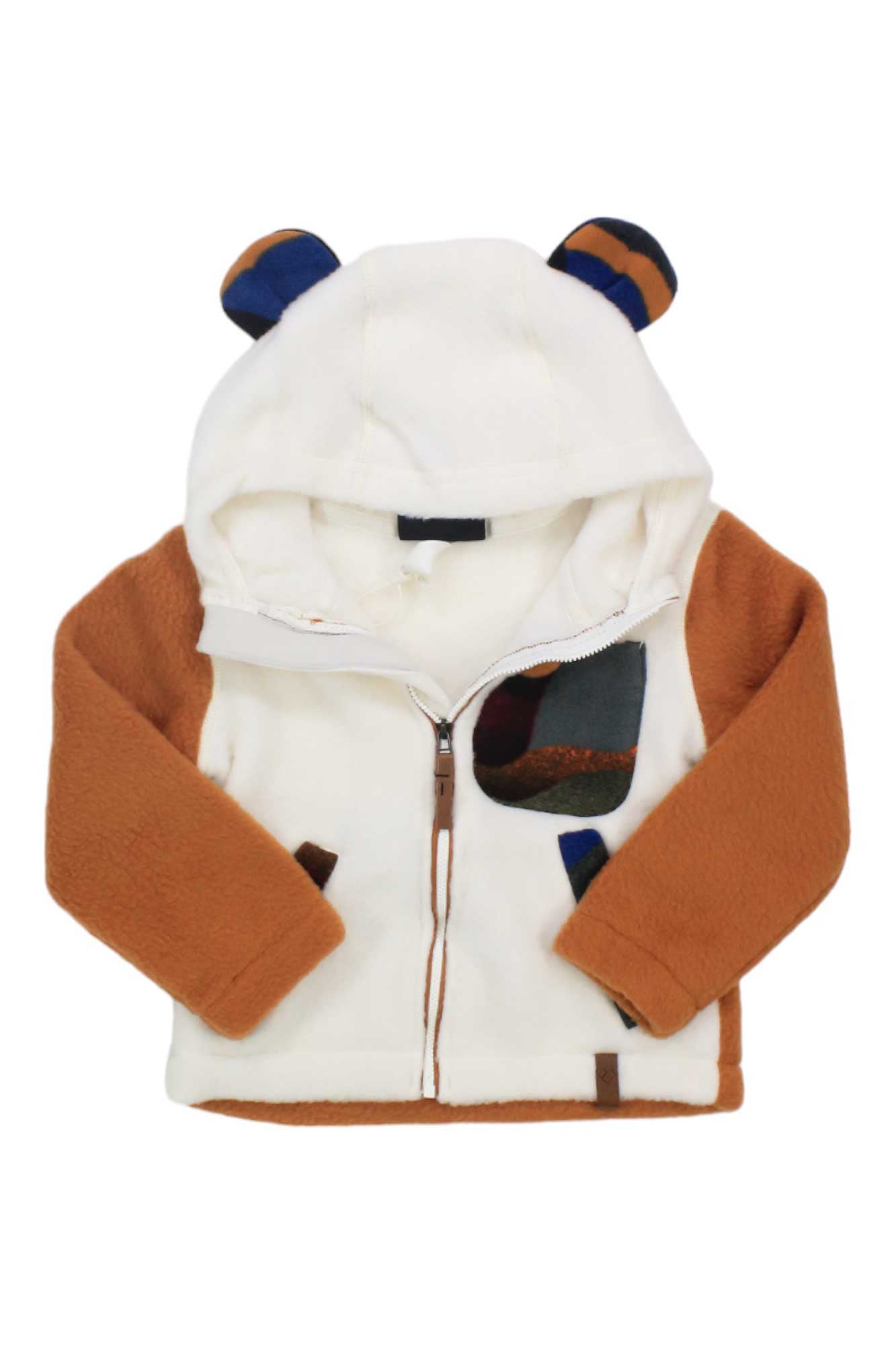 The Obermeyer Kids River Sherpa Jacket is a cozy winter jacket for toddlers, featuring brown sleeves, a white body, bear-like ears on the hood, a zip-up front, and a dark multi-colored patch pocket on the chest.