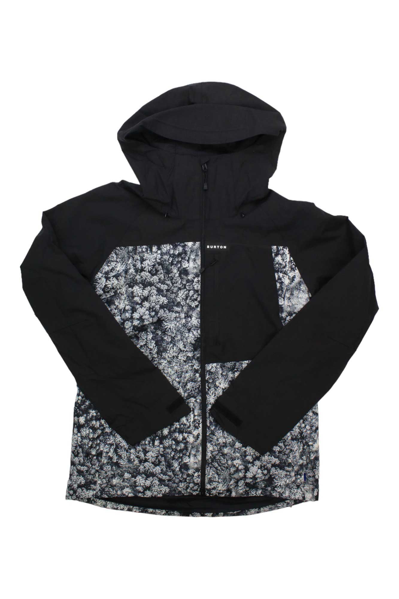The Burton Mens Lodgepole 2L Jacket is a black waterproof hooded jacket with a front zipper, white and gray treetop patterned lower sections, chest pocket, Burton branding—ideal for mountaineering adventures.