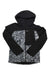 The Burton Mens Lodgepole 2L Jacket is a black waterproof hooded jacket with a front zipper, white and gray treetop patterned lower sections, chest pocket, Burton branding—ideal for mountaineering adventures.