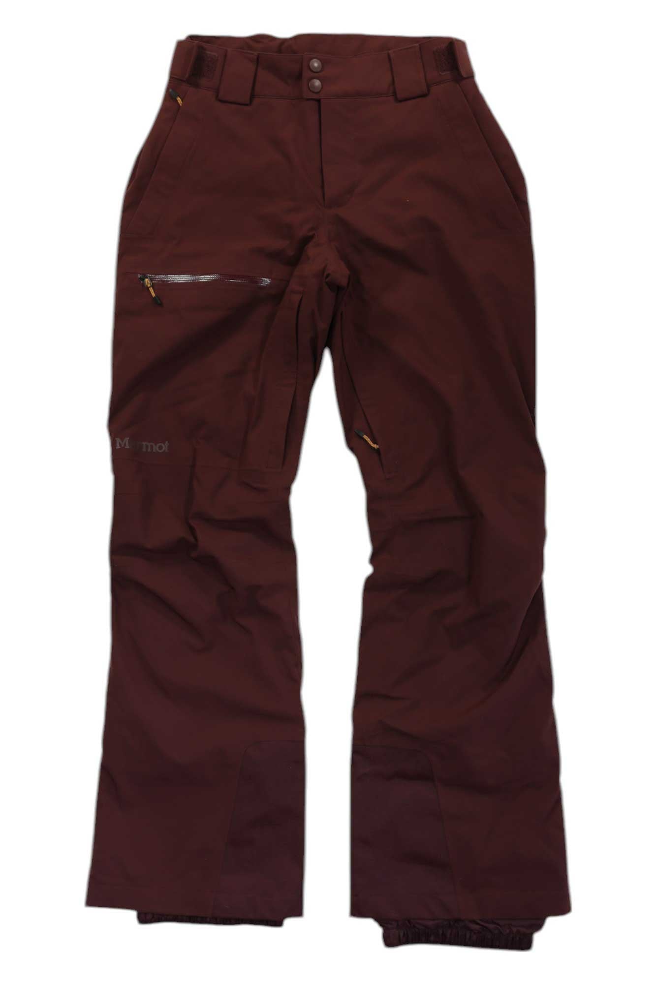 A pair of Women's Refuge Pant in burgundy, made with NanoPro waterproof tech, featuring front and side zippered pockets, belt loops, and snap waist closures, shown flat on a white background.