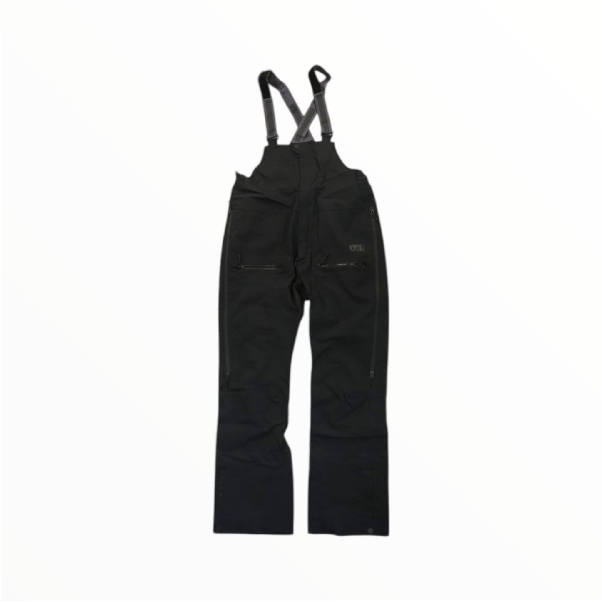 The Picture Mens Welcome 3L Bib Pant in black features adjustable shoulder straps, zippered chest and thigh pockets, straight legs, and is made from waterproof, breathable fabric with a PFC-free DWR finish. Displayed on a plain white background.