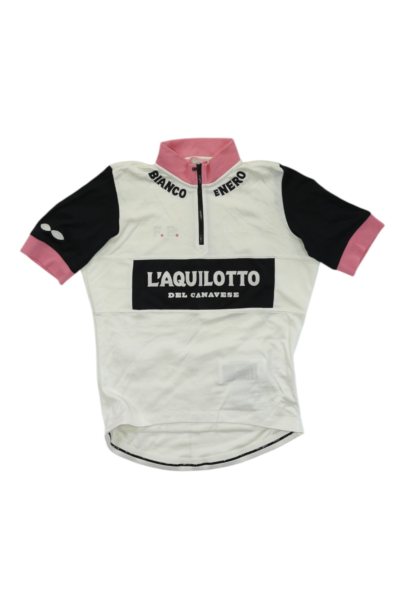 The Rapha Balmamion Club Jersey is a limited edition cycling jersey in white and black with pink collar and cuffs, featuring "LAQUILOTTO DEL CANAVES" on the front—celebrating Franco Balmamion’s Giro triumph.
