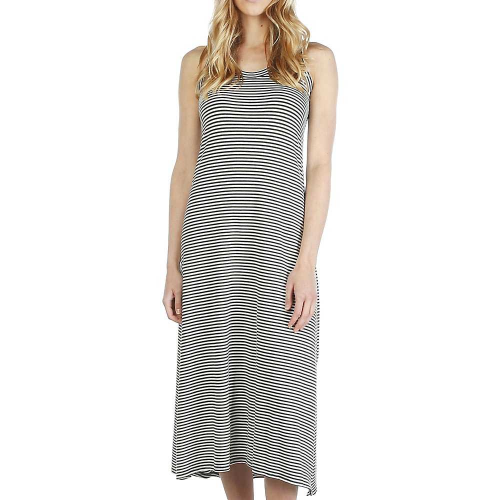 A woman models the Moosejaw Womens Lakeside Maxi Dress, a casual scoop neck style with black and white horizontal stripes, standing against a plain white background.
