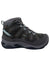 Women’s dark gray mid hiking boot with KEEN badge, padded collar, and laced tongue