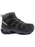 Women’s dark gray mid hiking boot with teal trim and front lace-up closure