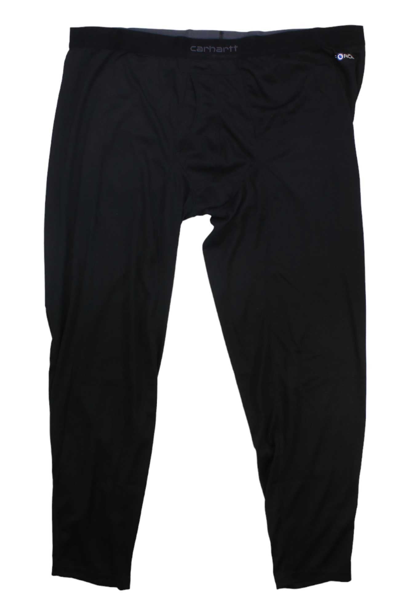 A pair of Carhartt Mens Base Force Midweight Tech Bottom thermal leggings in black, designed for moisture wicking, is laid flat on a white background.
