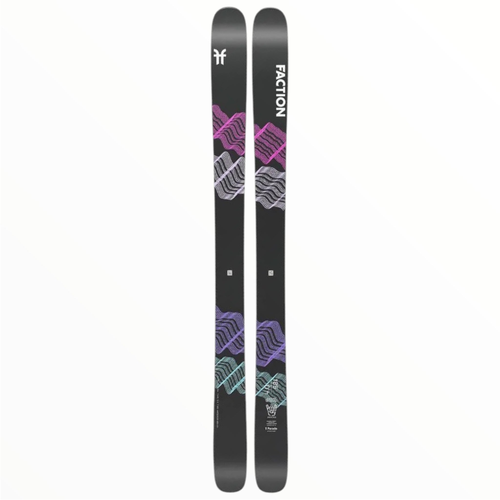 A pair of 2022 Faction Prodigy 4.0 skis in black with purple, blue, and gray geometric mountain graphics and white branding near the tips—designed as playful powder skis—displayed on a plain white background.