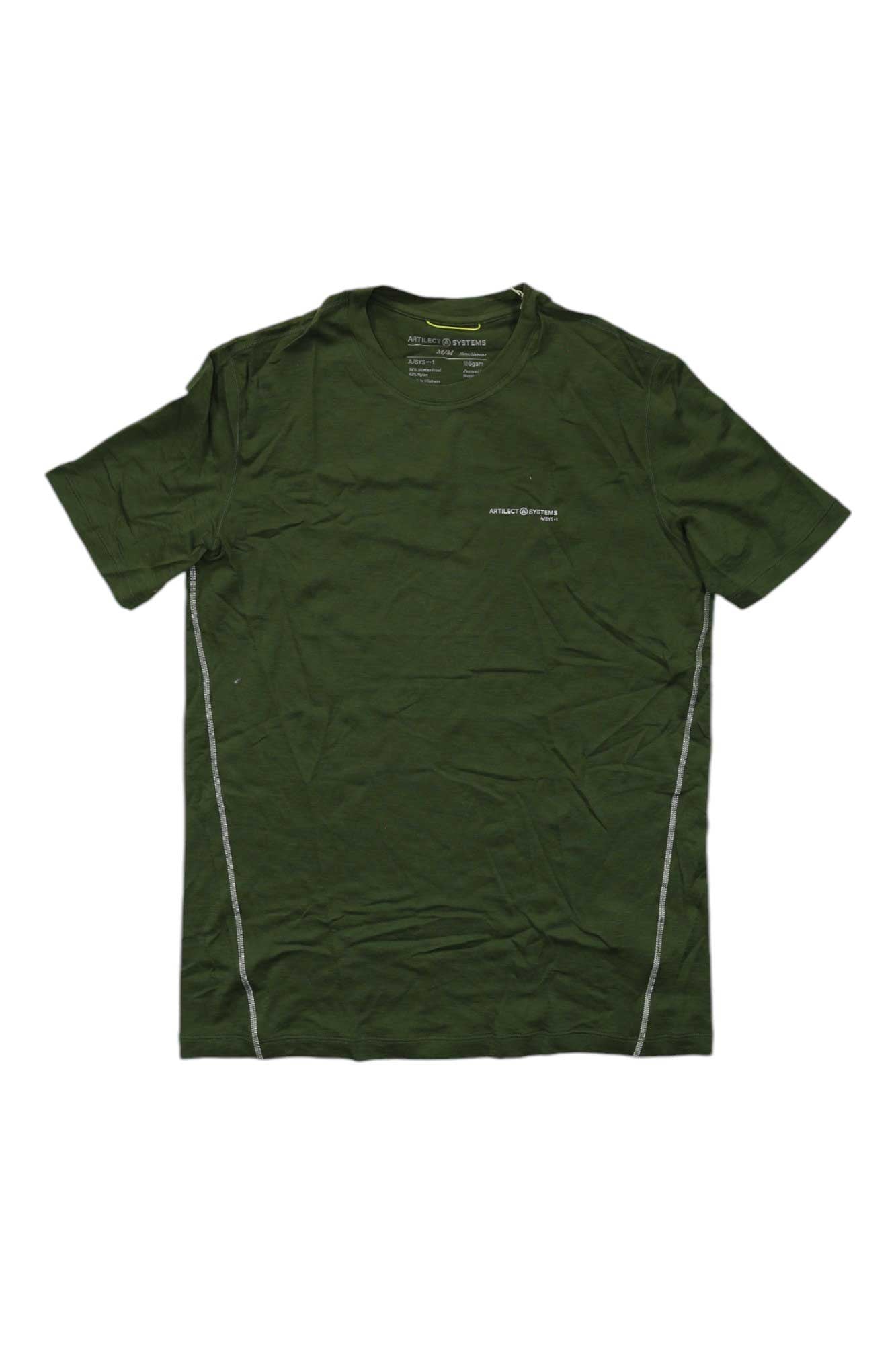 The Artilect Mens Sprint Tee is a green short-sleeve running shirt featuring white contrast side stitching, the ARTILECT SYSTEMS logo on the chest, and crafted with innovative Nuyarn fabric for superior comfort and performance.