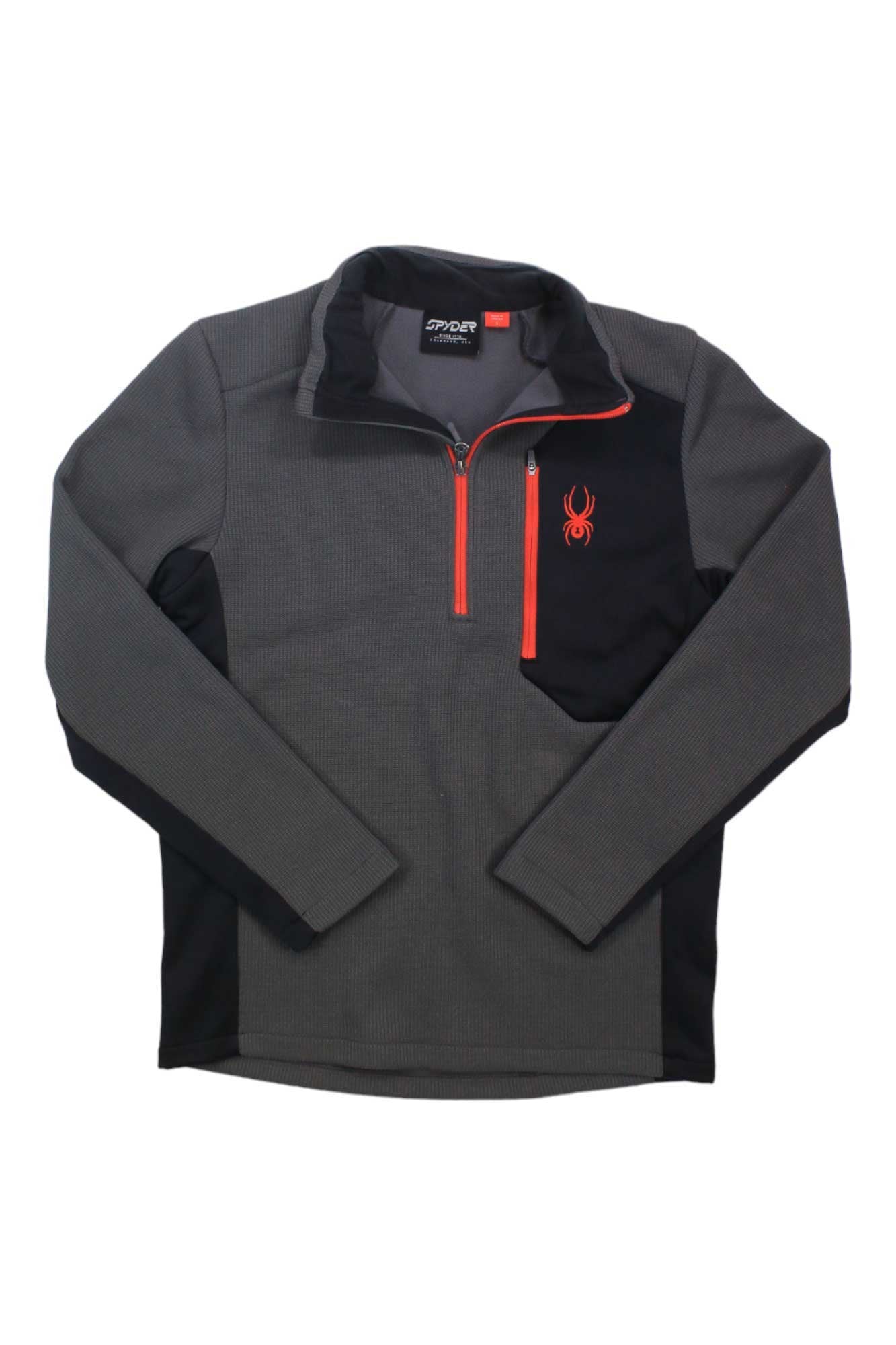 The Spyder Mens Bandit 1/2 Zip Top is a gray and black fleece pullover for men, featuring an orange zipper and spider logo on the left chest—perfect as a stylish ski sweater for chilly days.