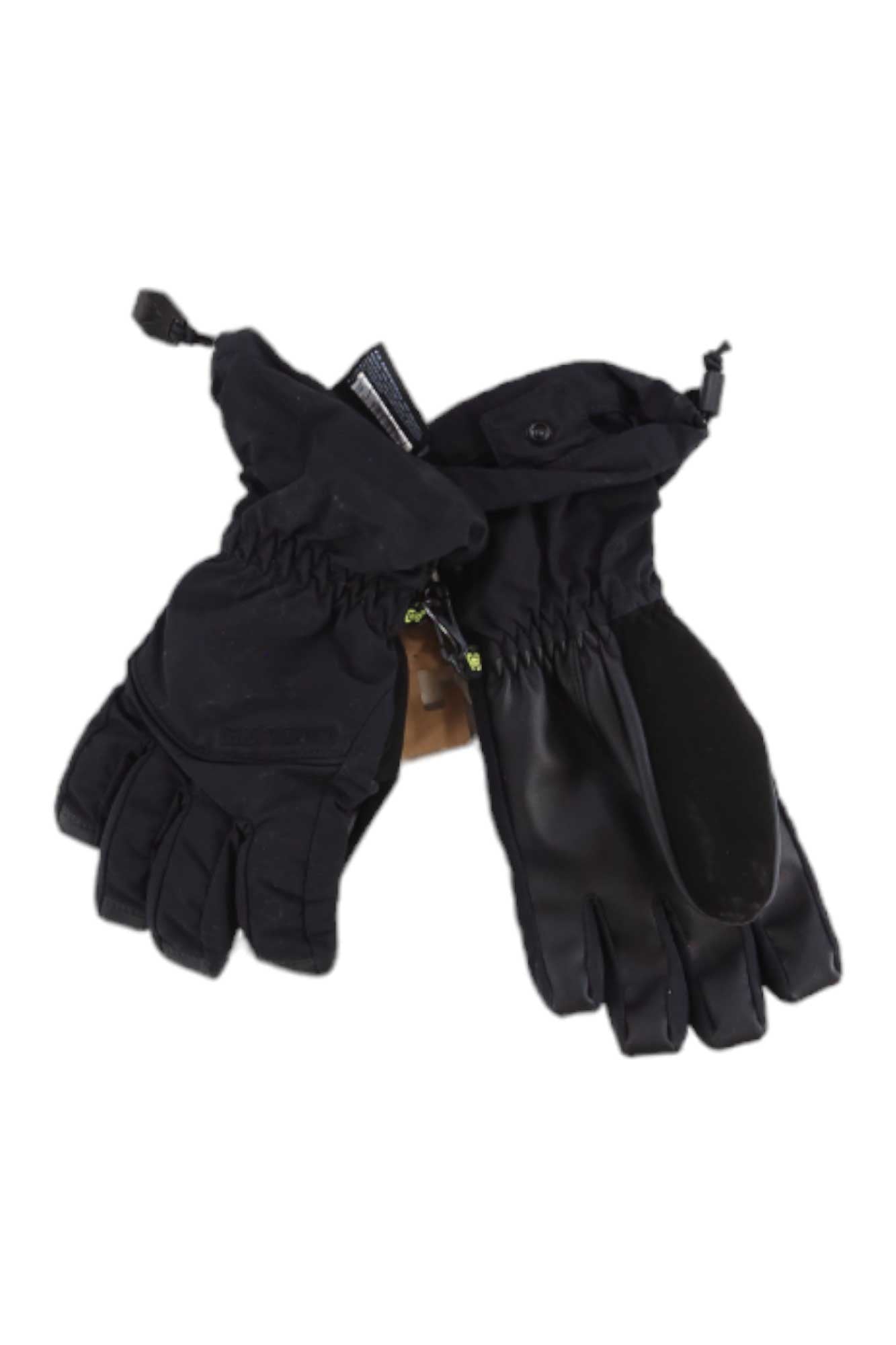 A pair of Burton Youth Profile Gloves in black, featuring reinforced palms and fingers, elastic wrist bands, and adjustable straps. The gloves are displayed overlapping each other on a white background.