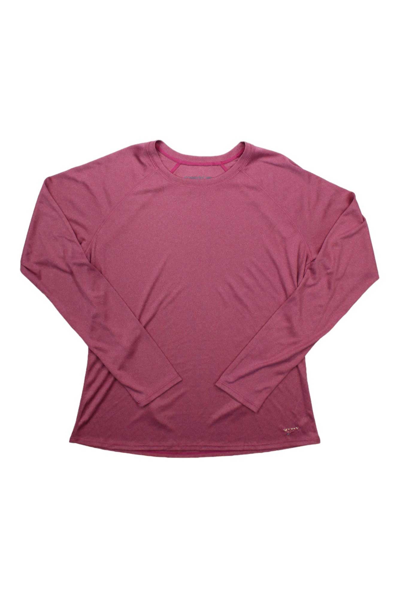 Women’s long-sleeve swim tee in heather fuchsia, crew neck, curved hem