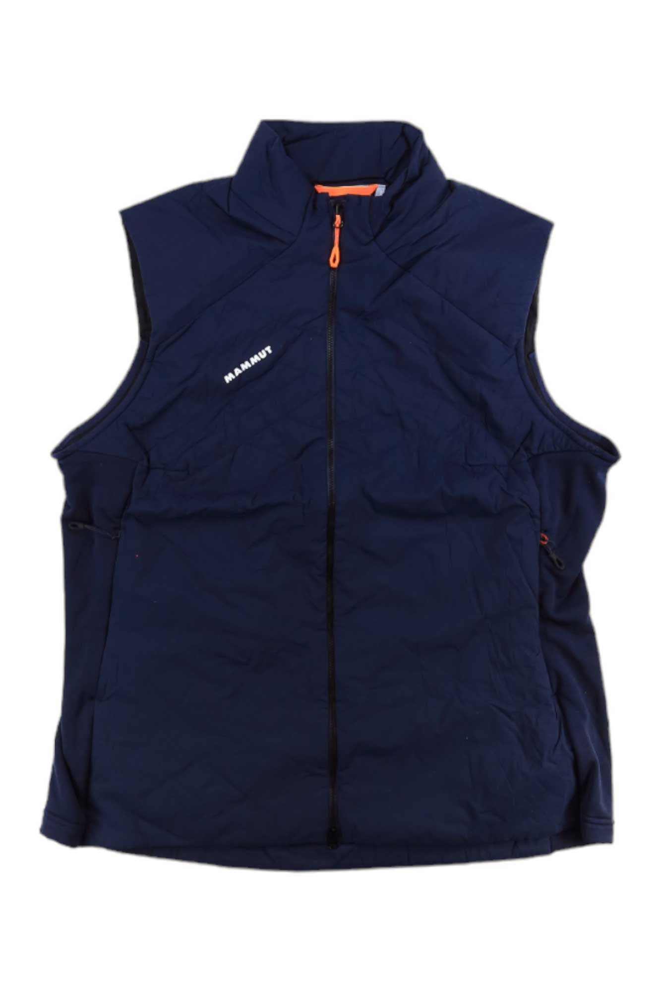 The Mammut Women's Rime Light IN Flex Vest is a navy blue, lightweight insulated vest with a front zipper, high collar, orange zipper pull, side pockets, and "Mammut" in white on the chest—ideal for climbing or outdoor adventures.