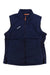 The Mammut Women's Rime Light IN Flex Vest is a navy blue, lightweight insulated vest with a front zipper, high collar, orange zipper pull, side pockets, and "Mammut" in white on the chest—ideal for climbing or outdoor adventures.