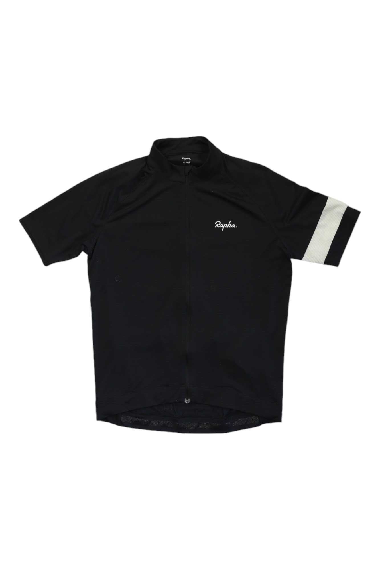 The Rapha Mens Core Lightweight Jersey is a lightweight, breathable black jersey with short sleeves, a white stripe on the left sleeve, front zipper, Rapha logo on the chest, and a simple fitted design.