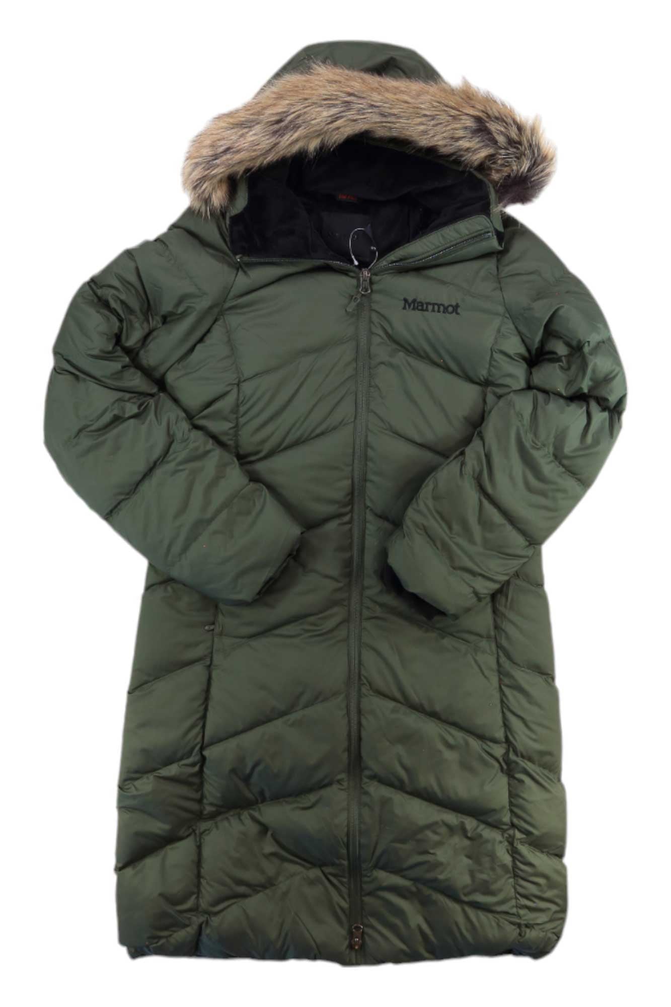 The Womens Montreaux Down Coat is a long green Marmot jacket with a hood, faux fur trim, and front zipper. Displayed on a white background, this water-resistant insulated coat offers extra protection from the elements.