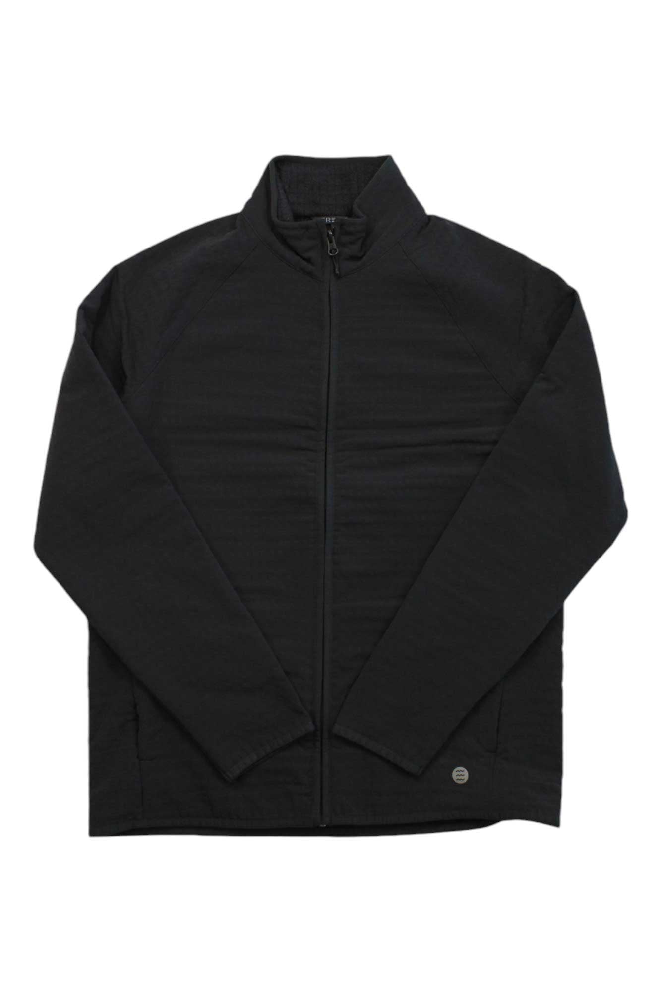 The Free Fly Men's Gridback Fleece Jacket, shown in black and laid flat on a white background, features long sleeves, a stand-up collar, zippered hand pockets, minimal gridback fleece design, and a small round logo on the lower left side.