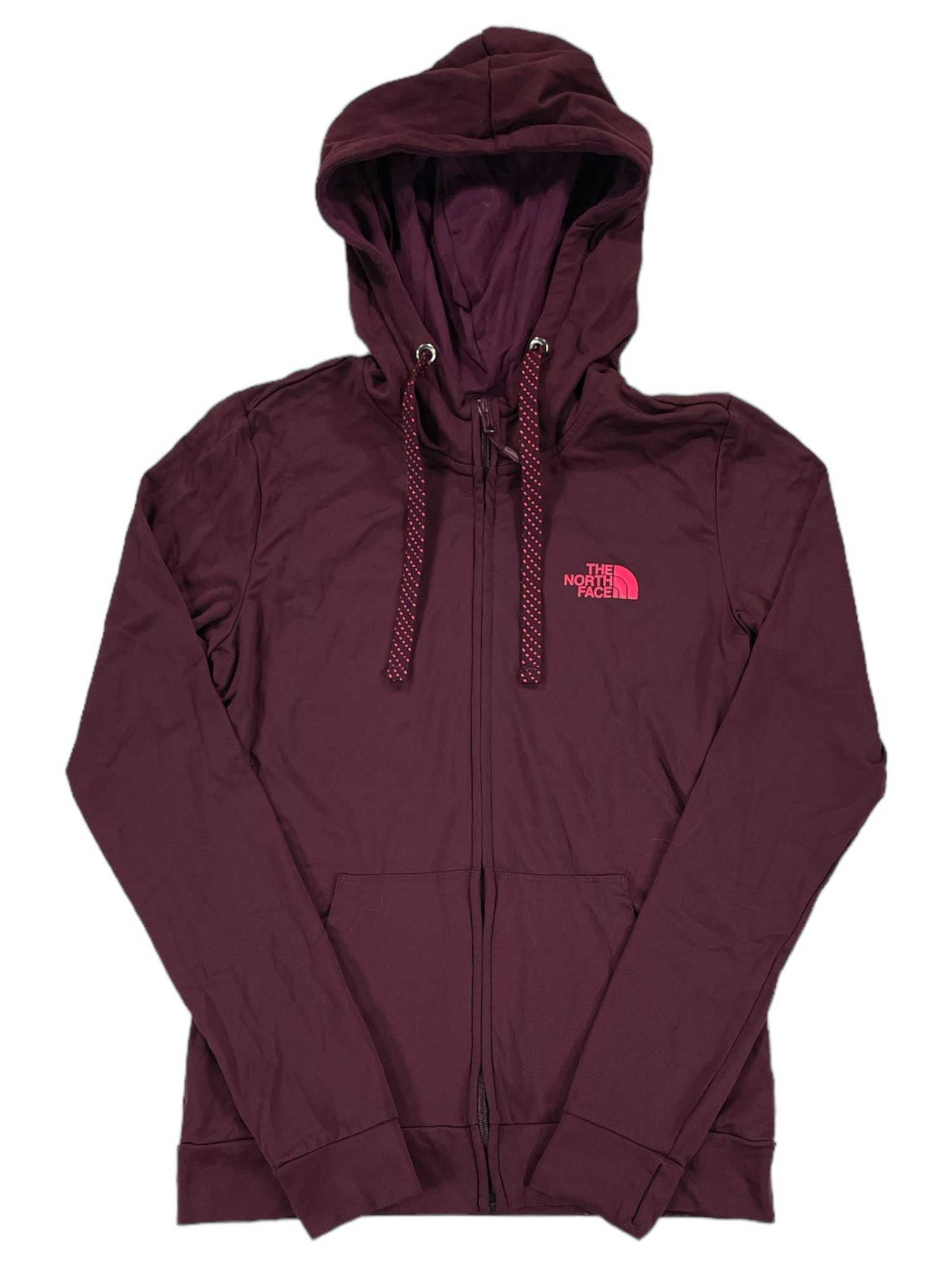 Maroon zip-up hooded jacket with drawstrings and The North Face logo