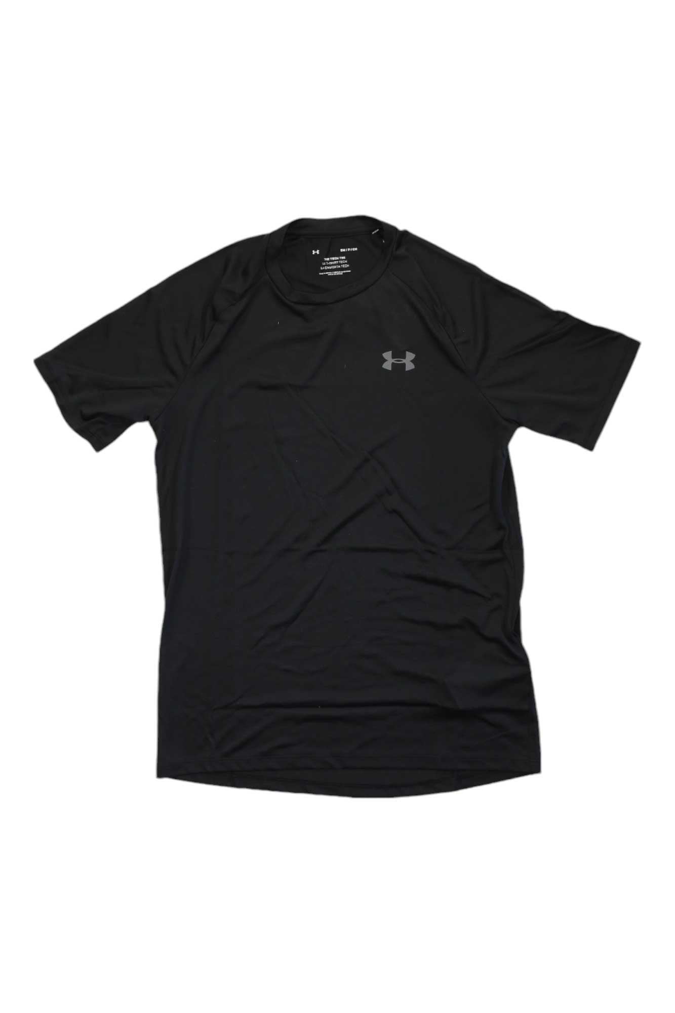 The Under Armour Mens UA Tech 2.0 SS Tee, a plain black short-sleeve shirt with a small left-chest logo and moisture-wicking fabric, is displayed flat on a white background.