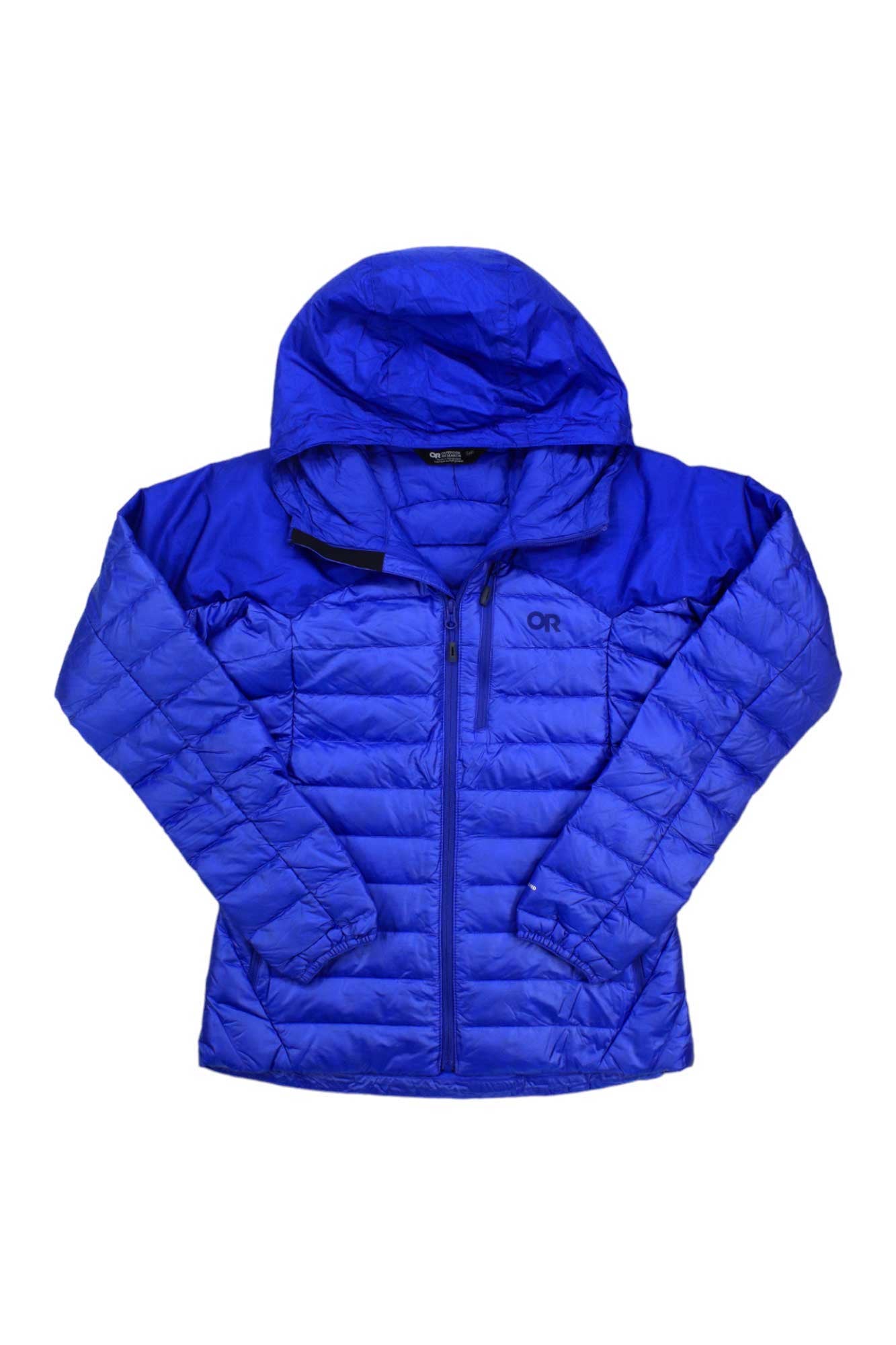 Blue hooded down puffer jacket with full-length front zipper and drawstring hood