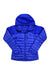 Blue hooded down puffer jacket with full-length front zipper and drawstring hood