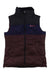 Quilted down vest with high collar, black and navy panels, full front zipper