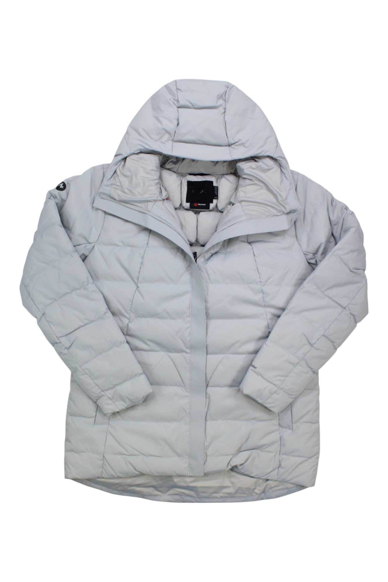 The light gray Womens WarmCube Havenmeyer Jacket features a quilted design, hood, front zipper, snap buttons, long sleeves, 800-fill-power down insulation, and a visible brand tag inside the collar for warmth and style.