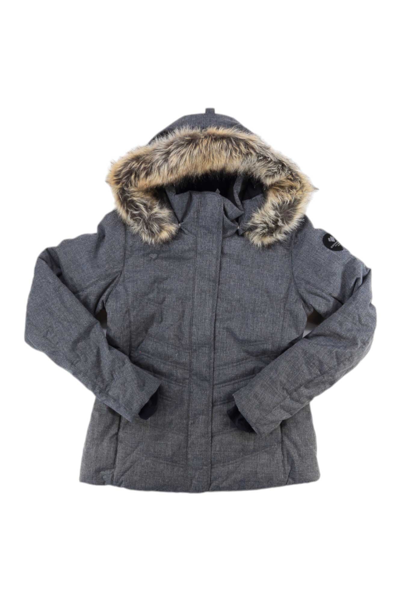 A gray Tuscany II Jacket with a faux fur-lined hood, long sleeves, and an upper left arm patch is laid flat on a white background.