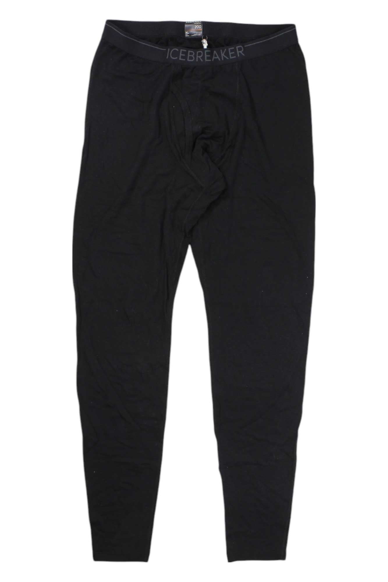 The Icebreaker Mens 200 Oasis with Fly Legging is a pair of fitted black merino wool base layer pants featuring a visible ICEBREAKER waistband, shown laid flat on a white background.