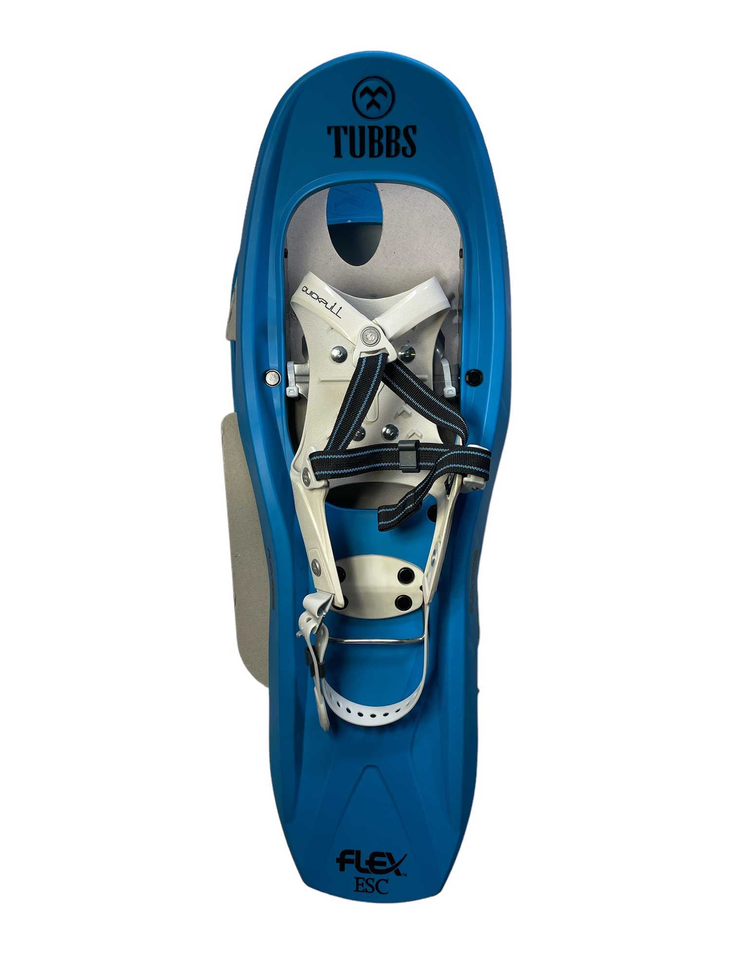 Blue Tubbs Flex ESC snowshoe with visible binding and metal frame
