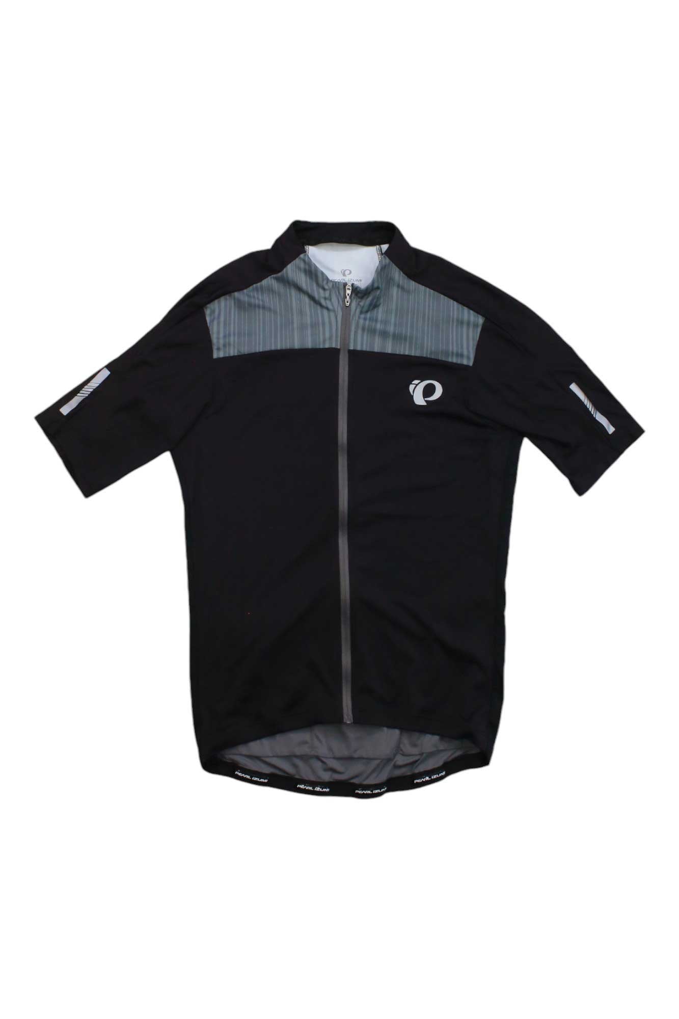 The Elite Pursuit Jersey is a high-performance black cycling jersey with short sleeves, gray shoulder panels, a full front zipper, and a white left chest logo, designed for excellent moisture management on your rides.