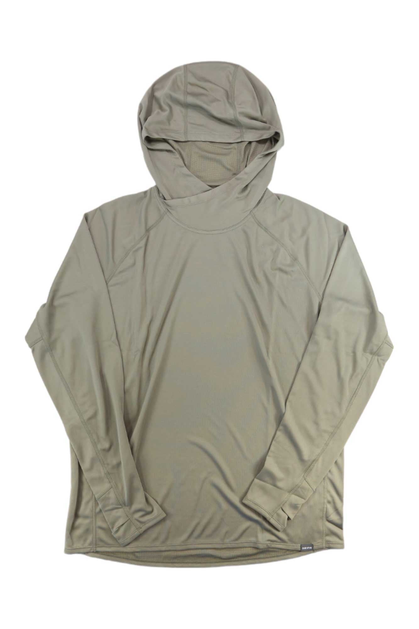 The Orvis Men’s Pro Sun Hoodie in light olive green is a smooth, lightweight long-sleeve shirt providing sun protection. Laid flat on a white background, it features a small tag at the hem and has no visible logos or patterns.