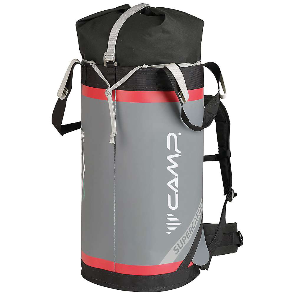 Cylindrical duffel backpack with gray body, black trim, red stripe and shoulder straps