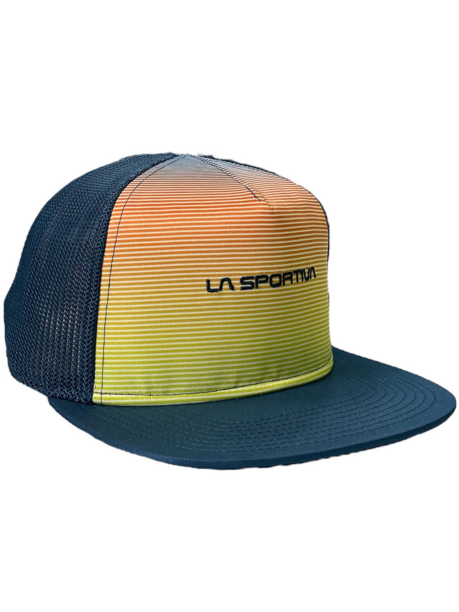 The La Sportiva Fade Trucker features a blue mesh back, blue brim, and gradient front panel fading from orange to yellow. Its adjustable snapback offers a perfect fit, with a bold black La Sportiva logo on the front.