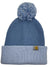 The Carhartt Womens Knit Pom Pom Cuffed Beanie is light blue with a folded brim, large pom-pom, and a small brown Carhartt logo patch on the front cuff. Displayed on a white background.