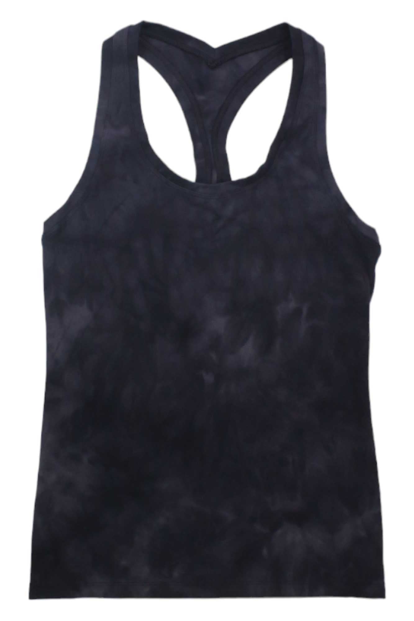 The Glyder Womens Notch Tank, a moisture-wicking black tie-dye racerback top with a slim fit, is laid flat on a white background.