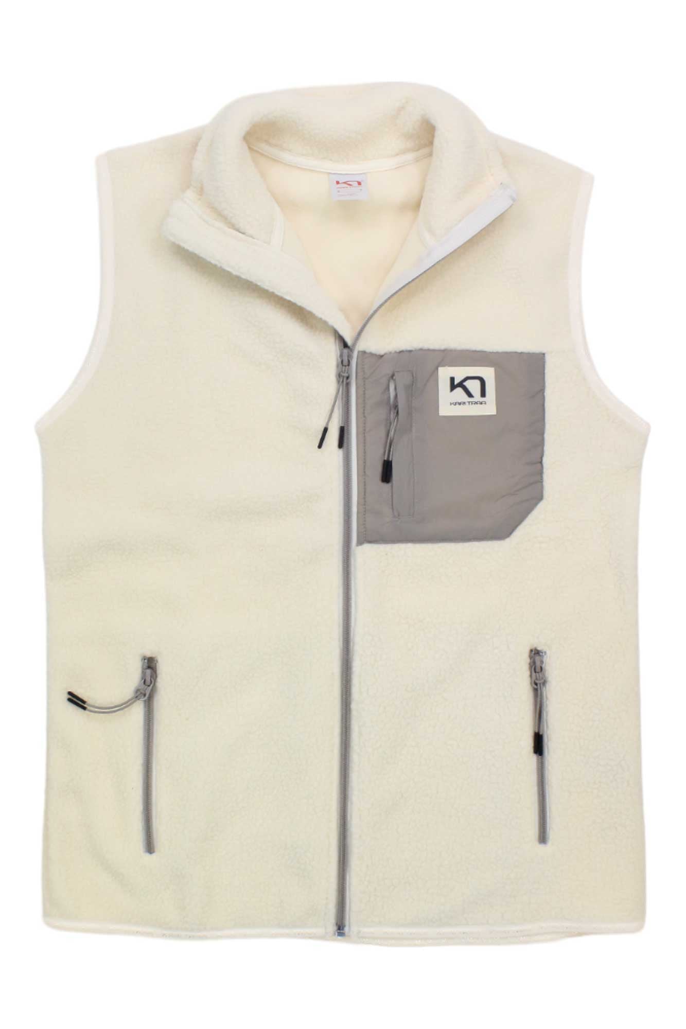 The Kari Traa Women's Rothe Vest is a sleeveless cream fleece with a full zip, two side zip pockets, and a gray chest pocket featuring a small logo—ideal for staying warm on hiking trips.